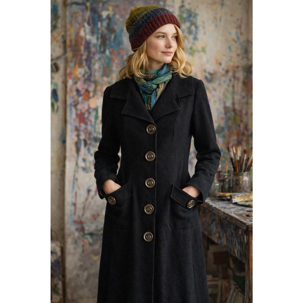 Millard Fillmore S Black Boiled Wool long Fitted Trench Coat Big Buttons Classic